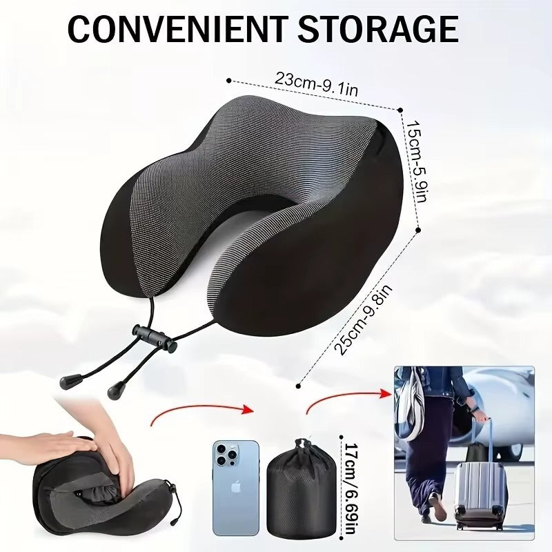 Memory Foam Hooded U-Shaped Travel Pillow with Detachable Cover Portable Neck Support for Airplane Office Nap Car and Home Use