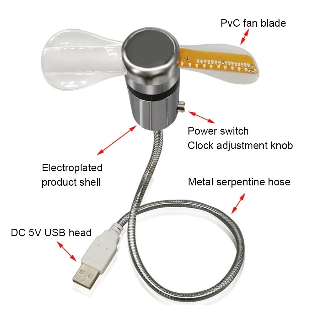 LED Clock Fan Time Temperature Display Mini Cooling Flashing Fan DC 5V Portable Gadgets USB Powered Flexible Gooseneck LED Clock